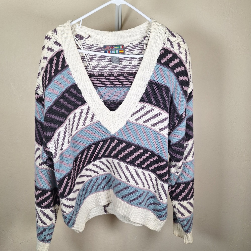 Paris Sport Club Vtg Deep V Chunky Sweater 80s 90s Shoulder Pads Stripes Large